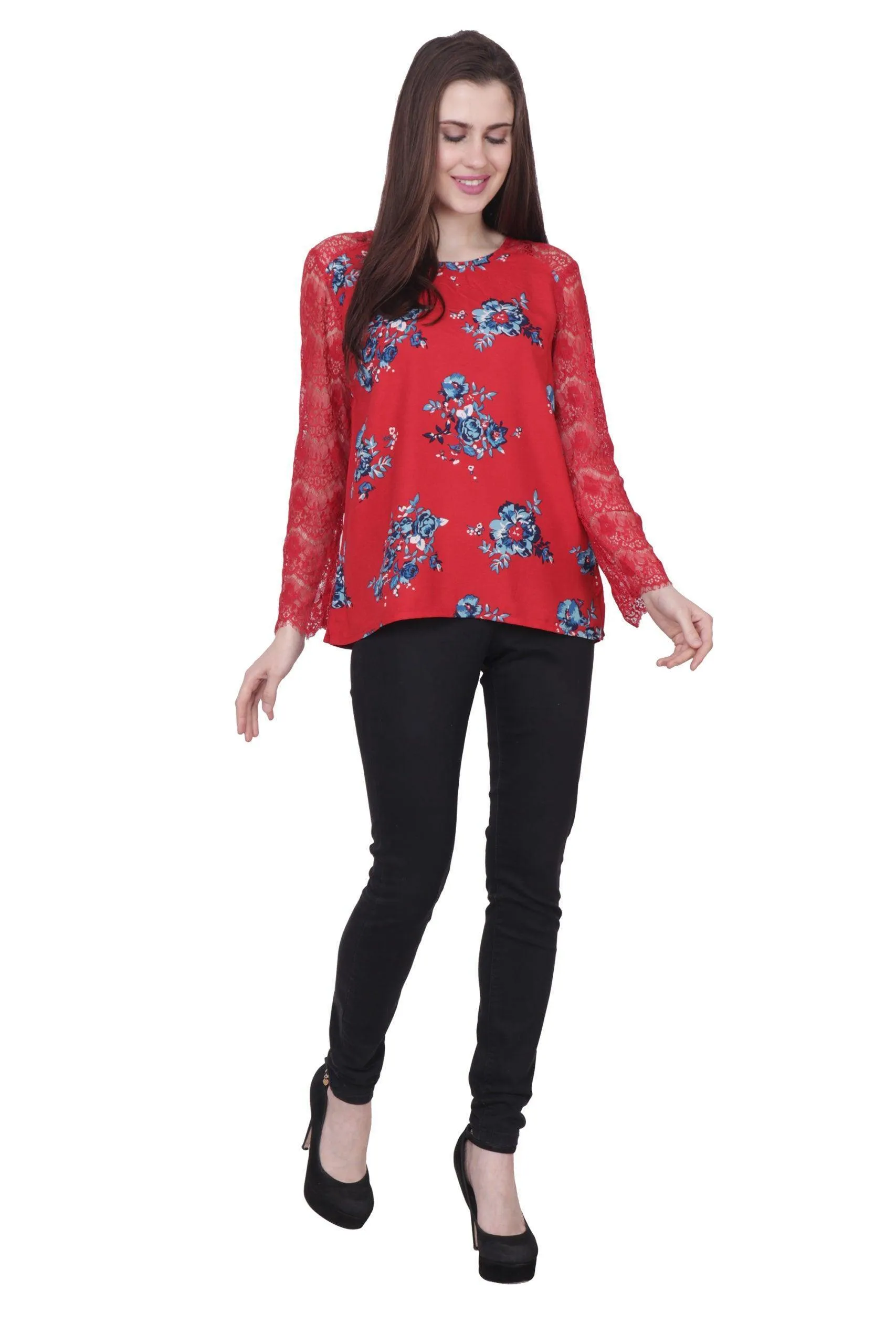 Red Floral Printed Top with Lace Sleeves