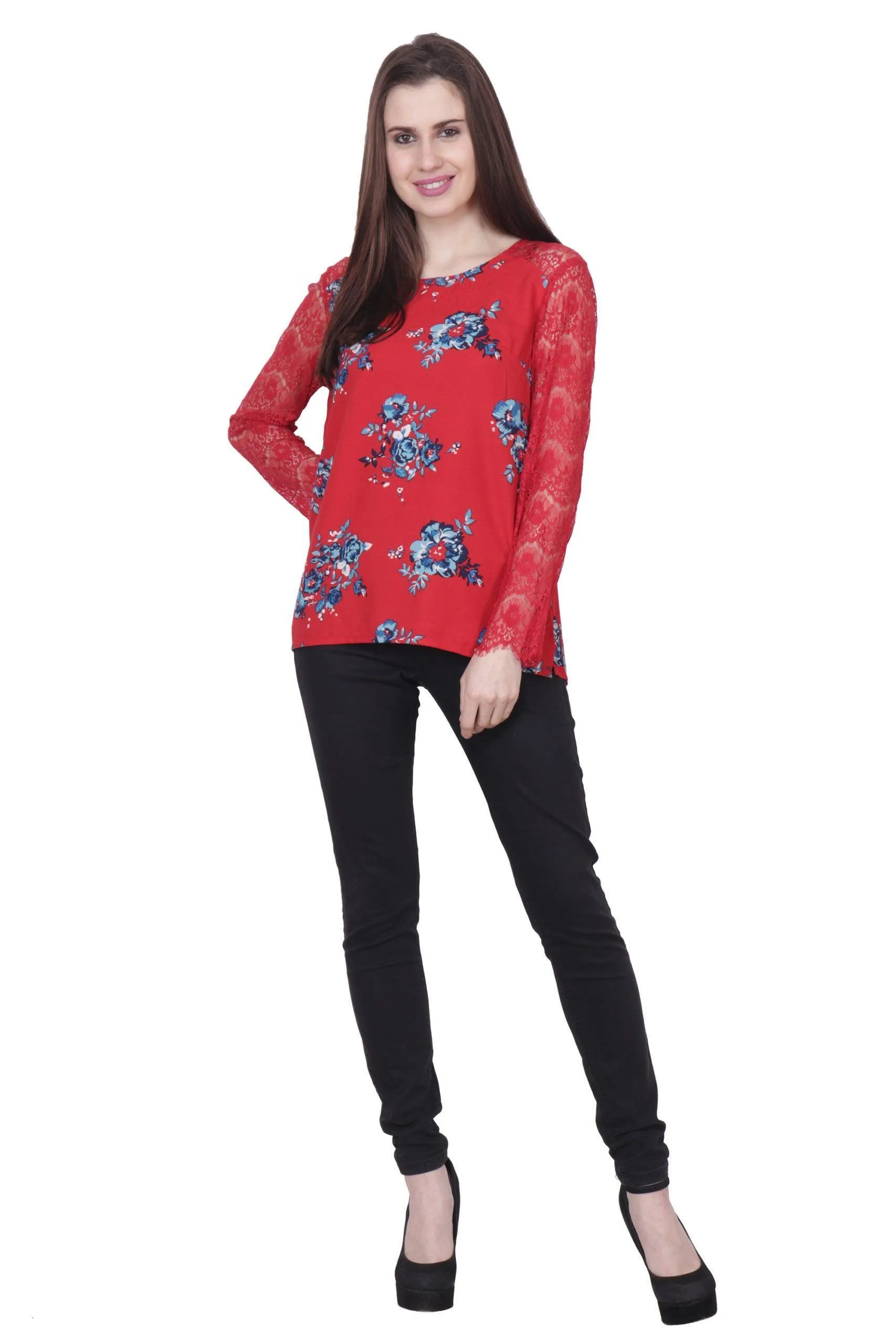 Red Floral Printed Top with Lace Sleeves