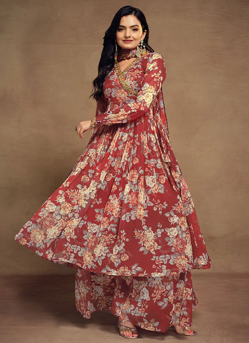 Red Floral Sequence Embroidery Anarkali Palazzo Suit