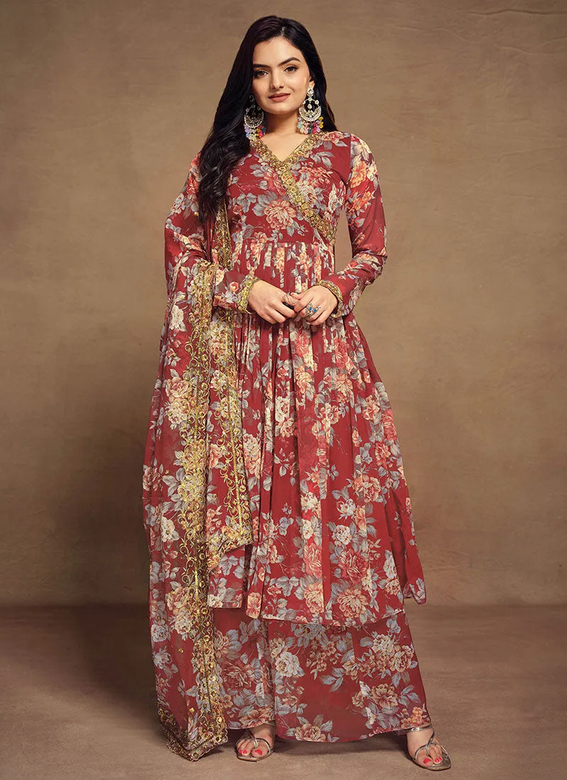 Red Floral Sequence Embroidery Anarkali Palazzo Suit