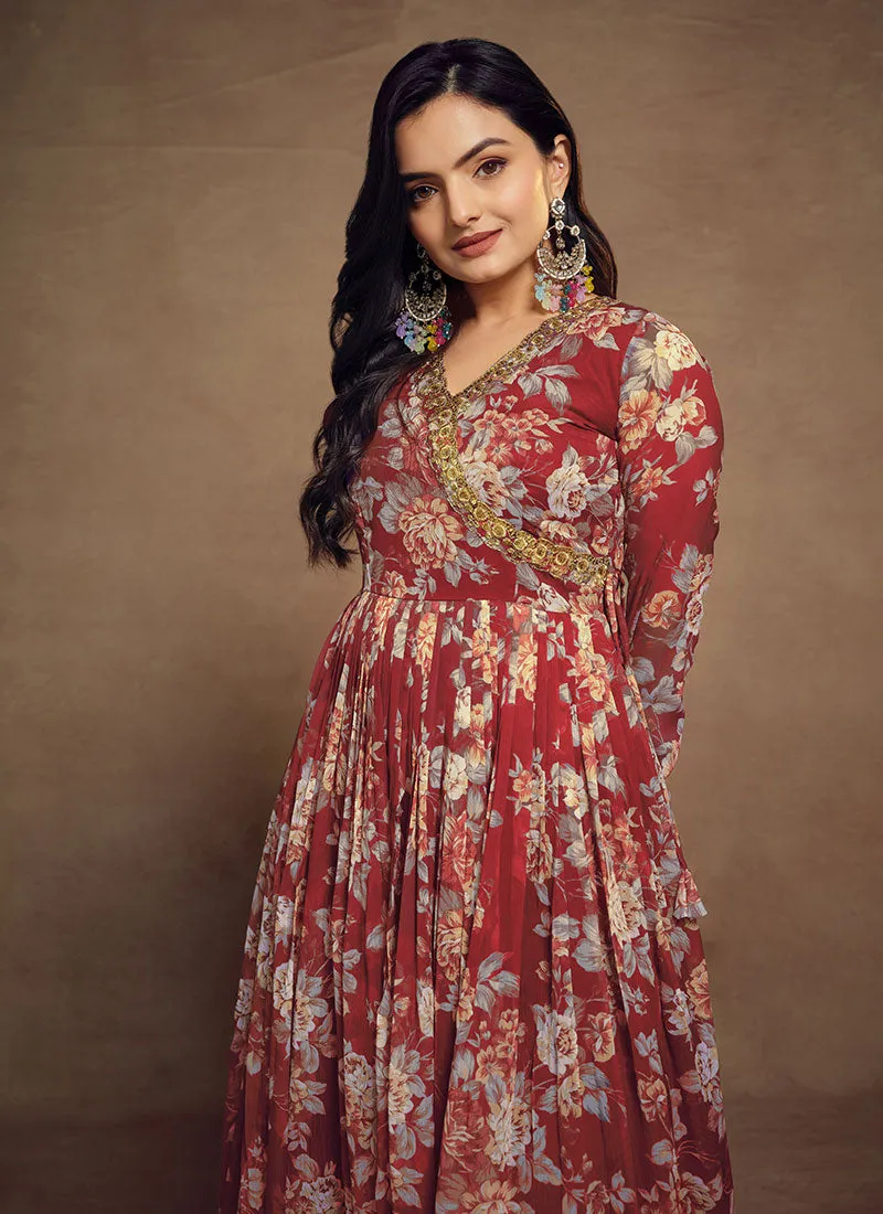 Red Floral Sequence Embroidery Anarkali Palazzo Suit