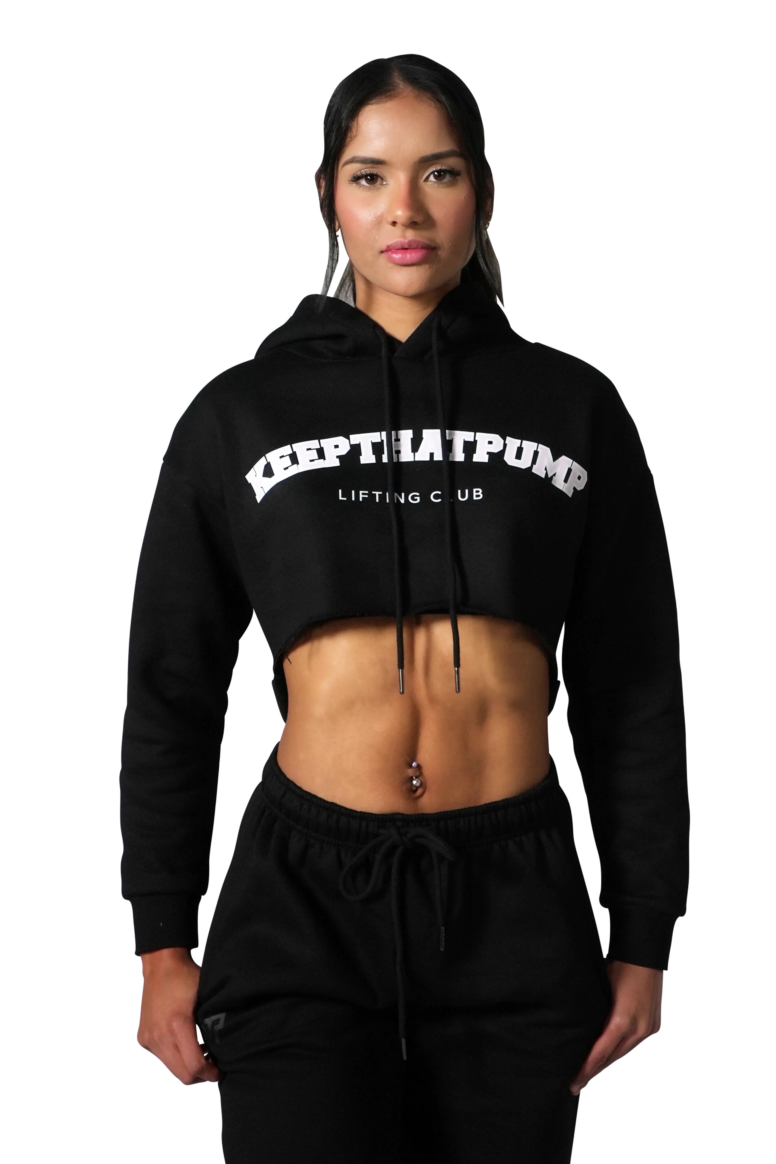 Series 1 Cropped Lifting Club Hoodie - Black with baby pink logo