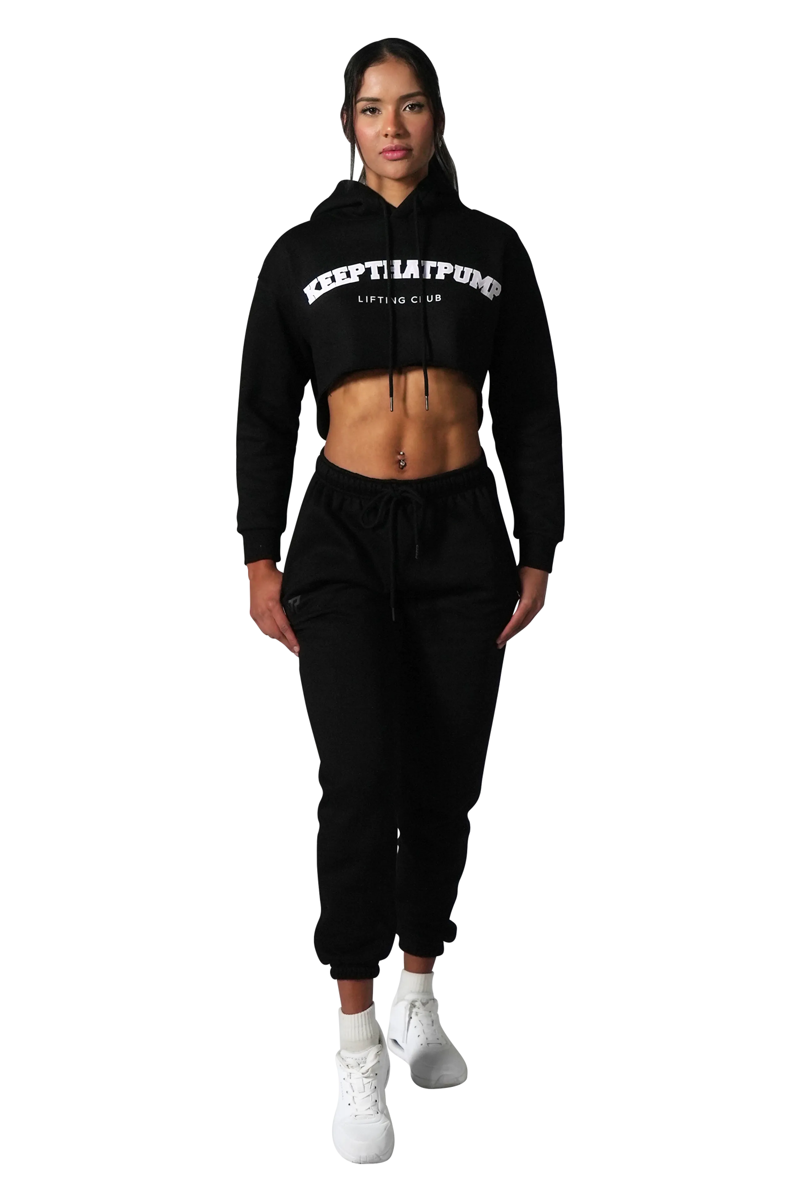 Series 1 Cropped Lifting Club Hoodie - Black with baby pink logo