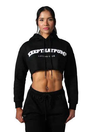 Series 1 Cropped Lifting Club Hoodie - Black with baby pink logo