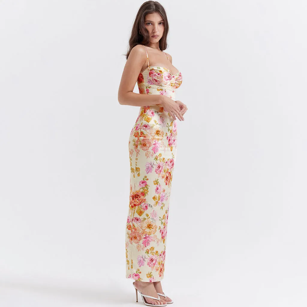 Sexy Lacy Trim Sweetheart Neck Floral Printed Back Split Maxi Satin Slip Dress