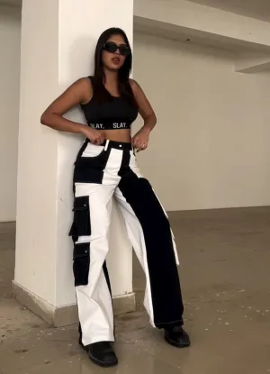 SLAY. Women's Black & White Colorblock Baggy Jeans & Crop Top Co-ord Set