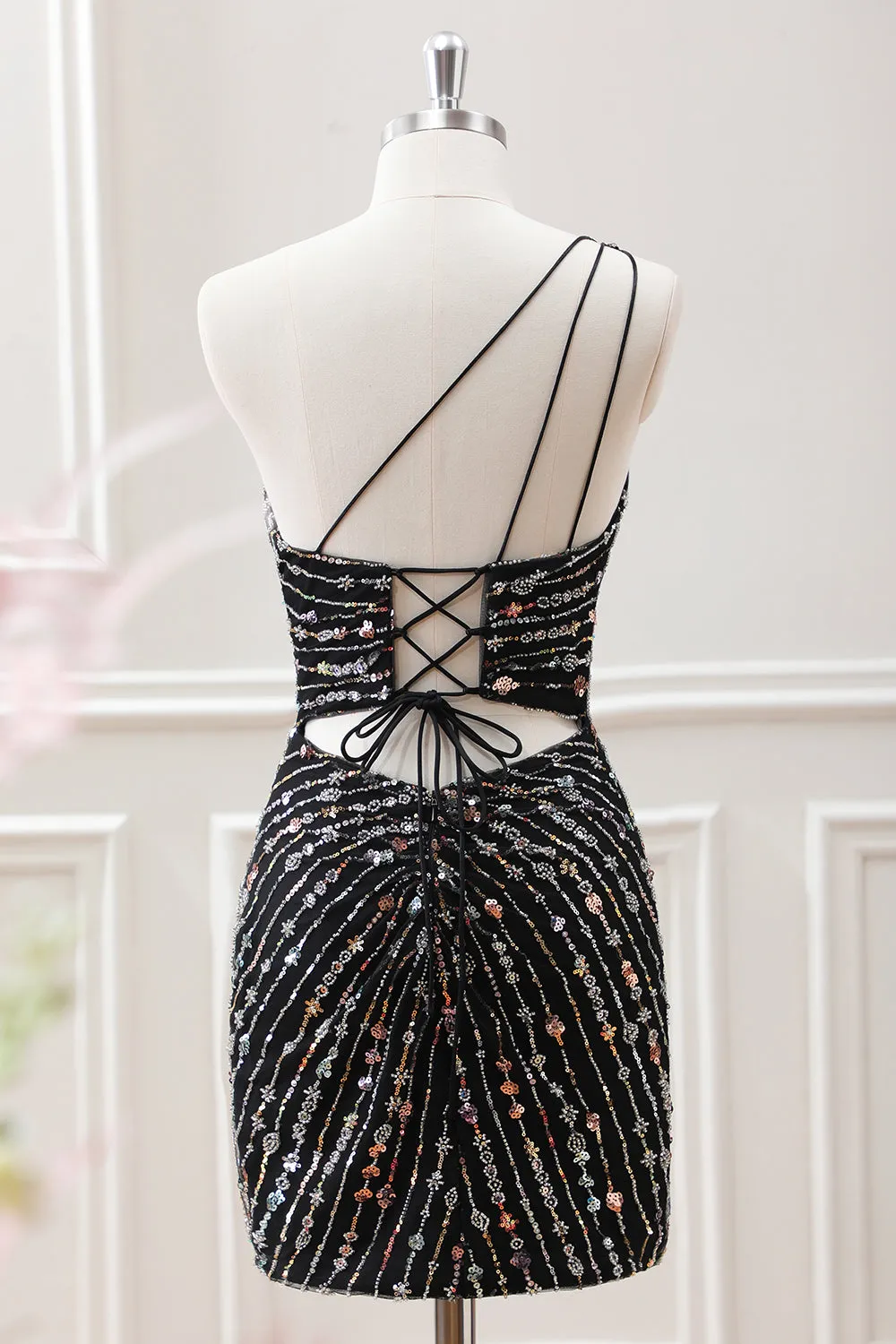 Sparkly Black Bodycon One Shoulder Lace Up Back Mini Dress with Sequins