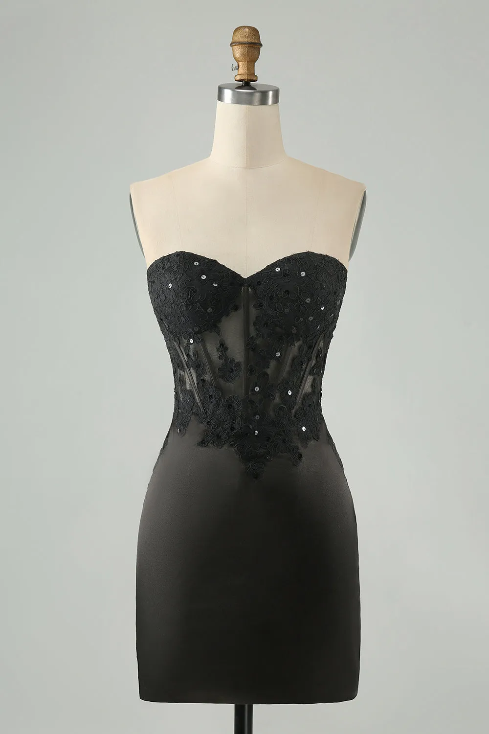 Sparkly Black Bodycon Sweetheart Corset Mini Dress with Appliques