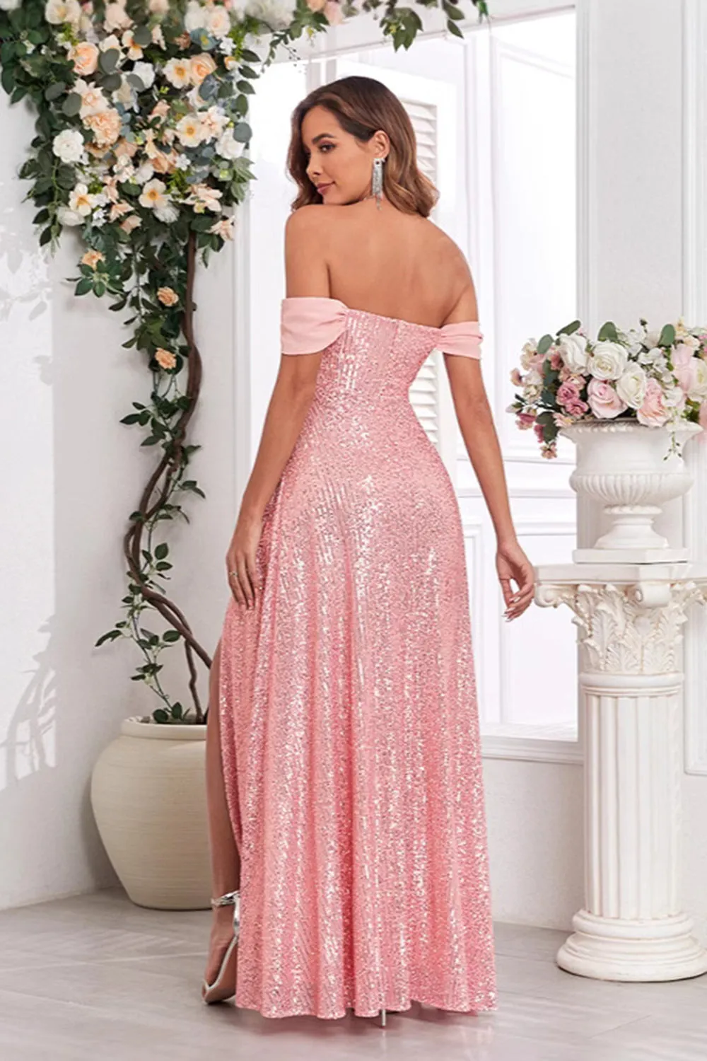 Sparkly Pink Off The Shoulder Sheath Maxi Dress with Slit