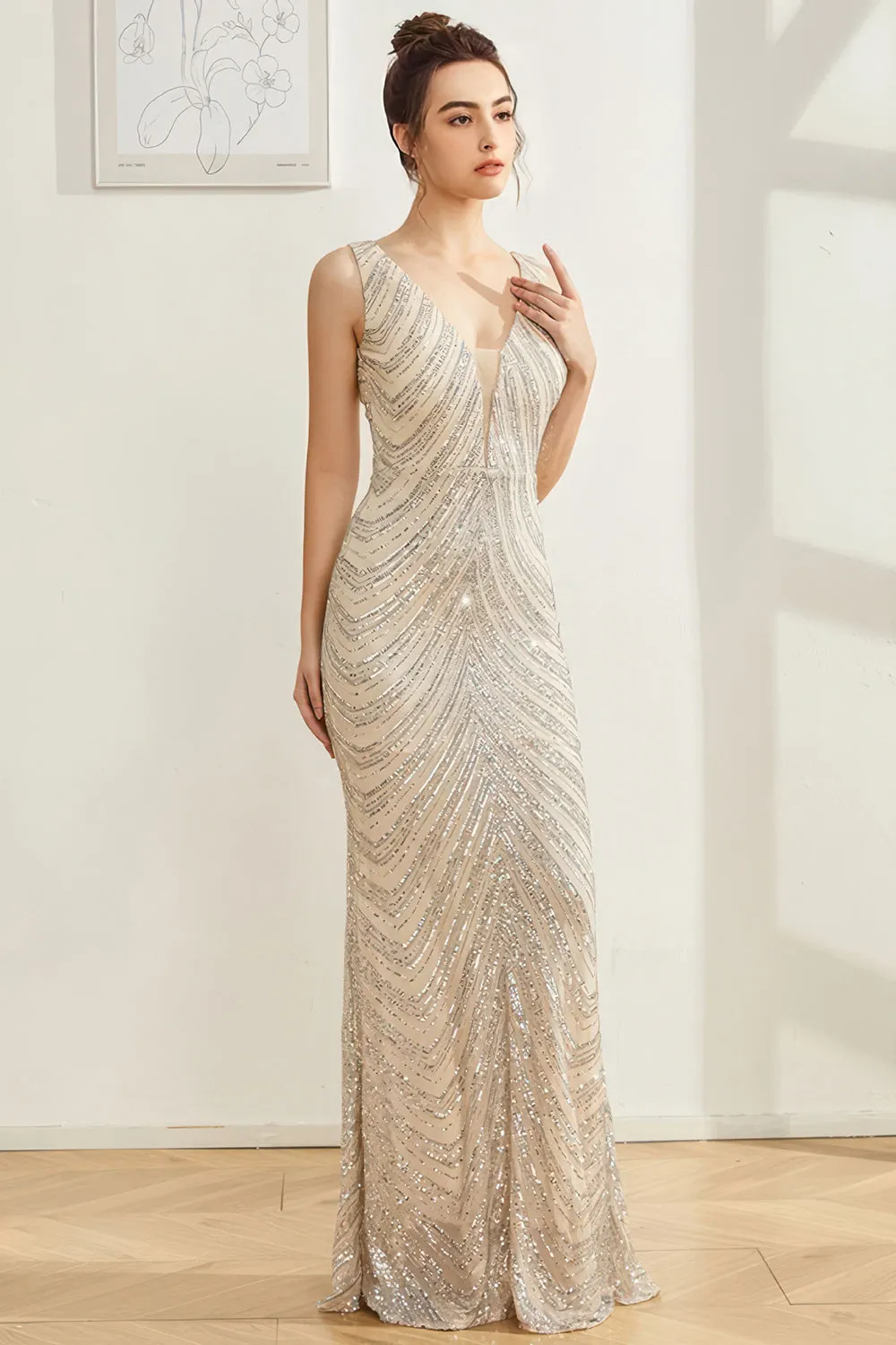 Sparkly Silver Mermaid V Neck Backless Maxi Dress