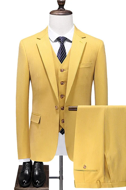 Stylish Yellow Notched Lapel Slim Fit Prom Suits Three Pieces Wedding Suits