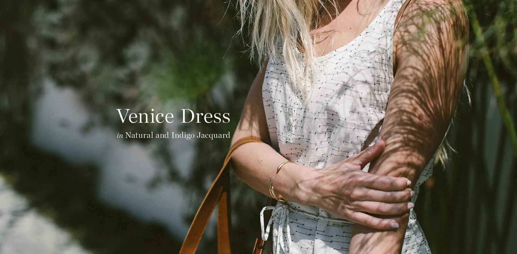 The Venice Dress in Natural and Indigo Jacquard