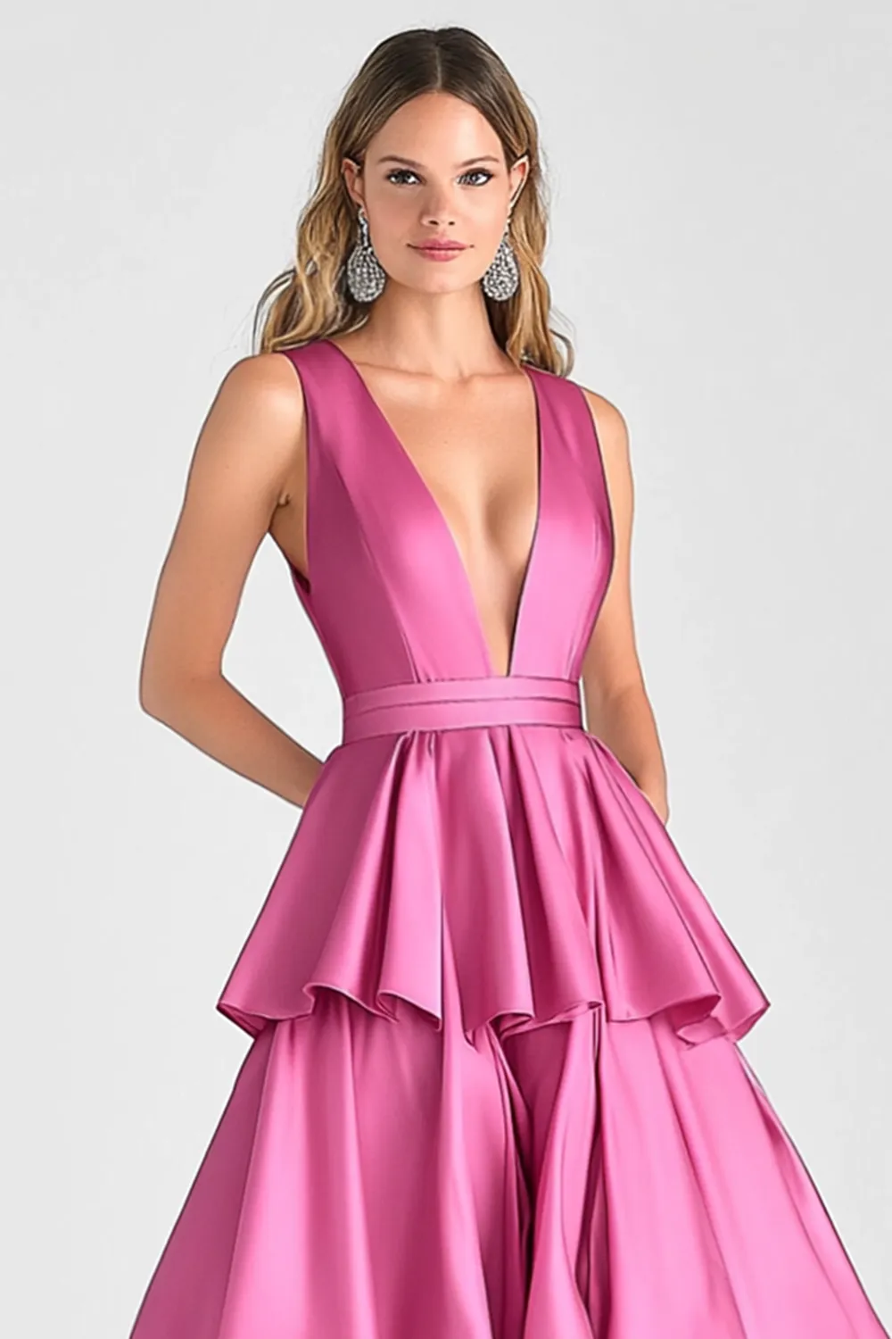 Tiered V Neck Fuchsia A Line Formal Dress