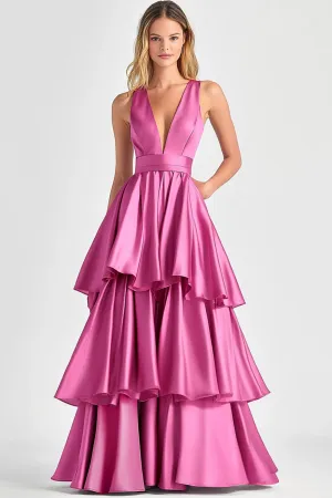 Tiered V Neck Fuchsia A Line Formal Dress