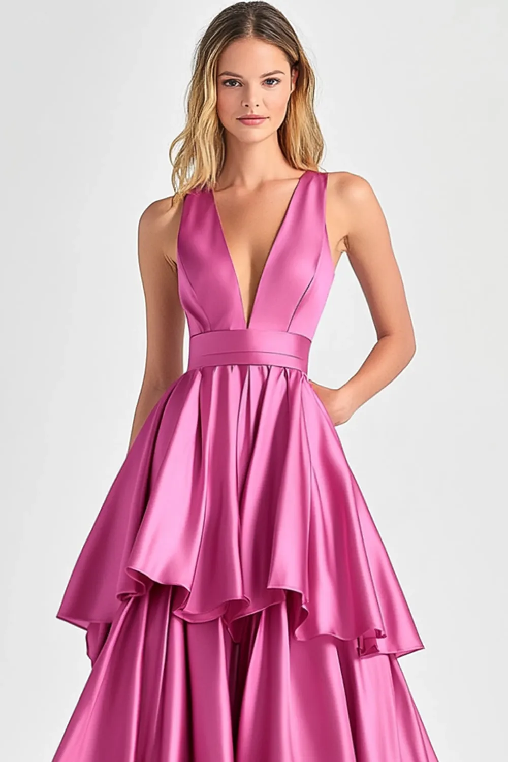 Tiered V Neck Fuchsia A Line Formal Dress