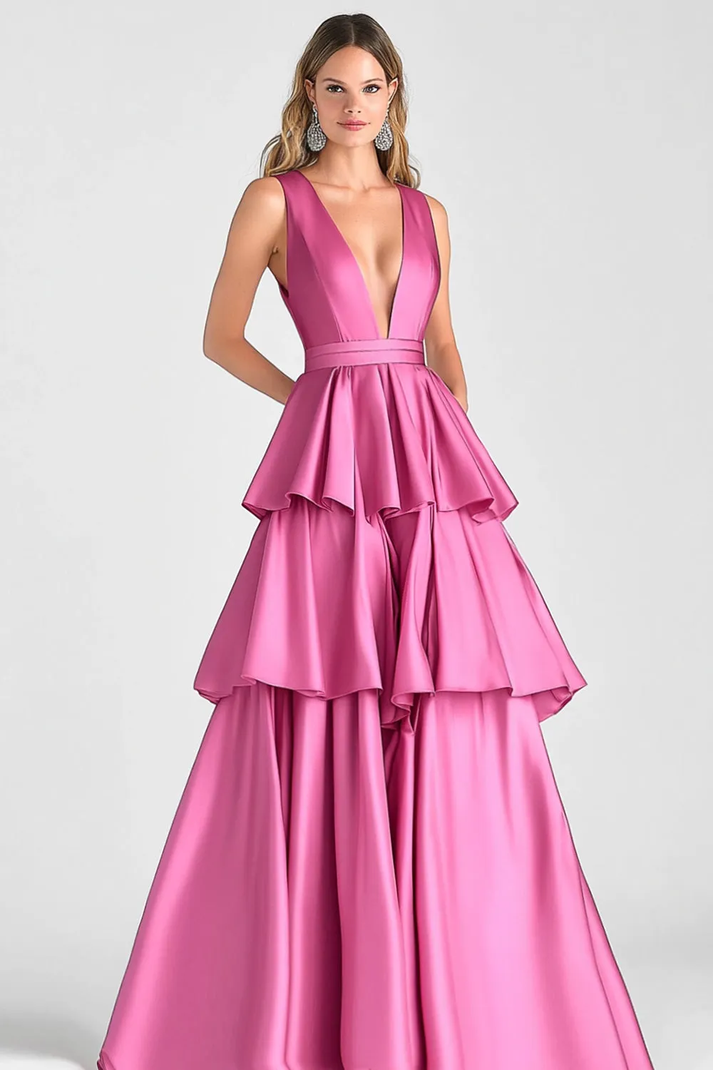 Tiered V Neck Fuchsia A Line Formal Dress