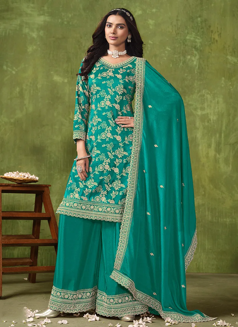 Turquoise Reshamkari Embroidery Traditional Palazzo Suit