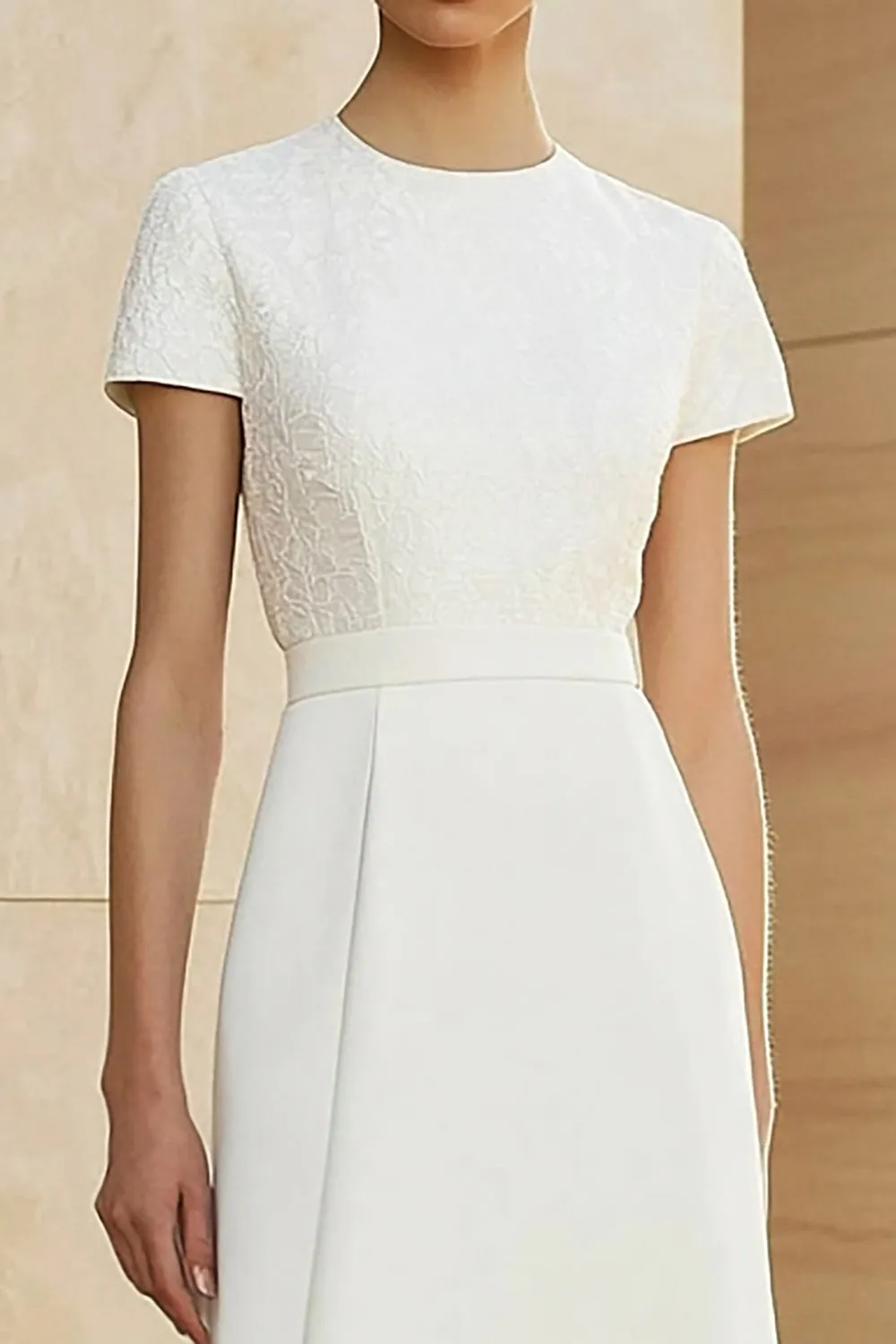 White Jacquard Round Neck Midi Formal Dress with Short Sleeves