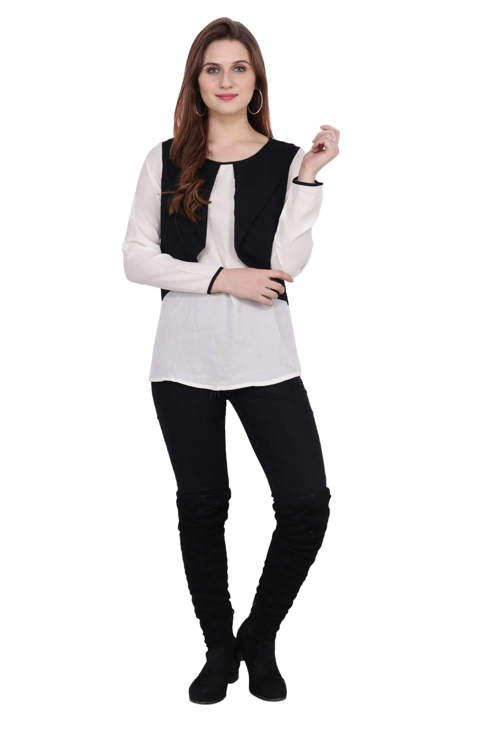 White Solid Top with Black Shrug