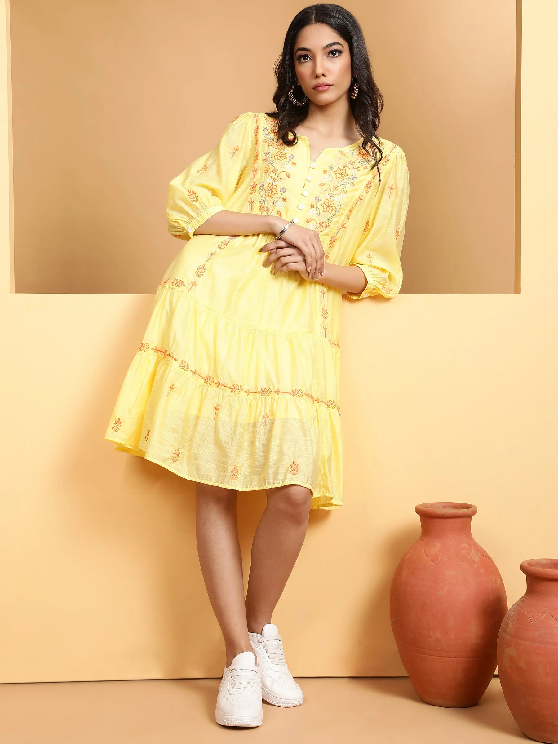 Women Mustard Round Neck Solid Dress