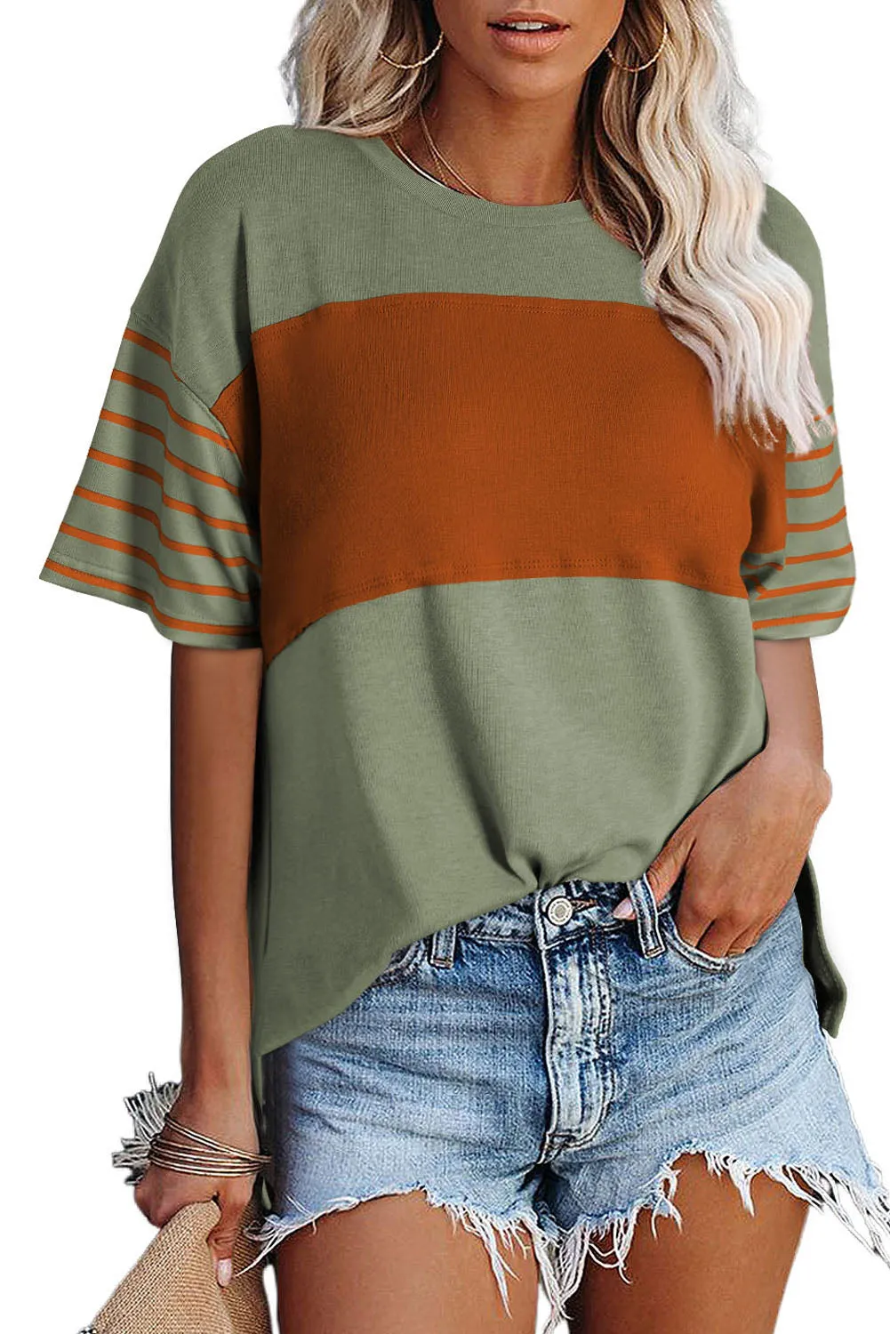 Womens Casual Short Sleeve Shirts Loose Crewneck Color Block Tshirts Tops