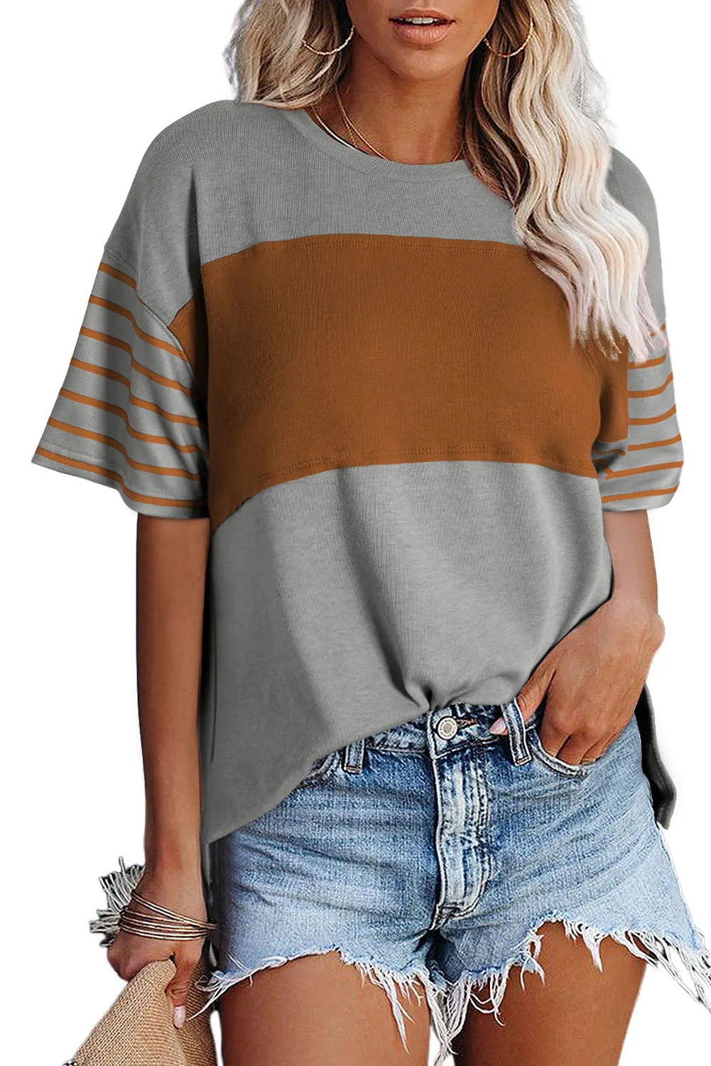 Womens Casual Short Sleeve Shirts Loose Crewneck Color Block Tshirts Tops