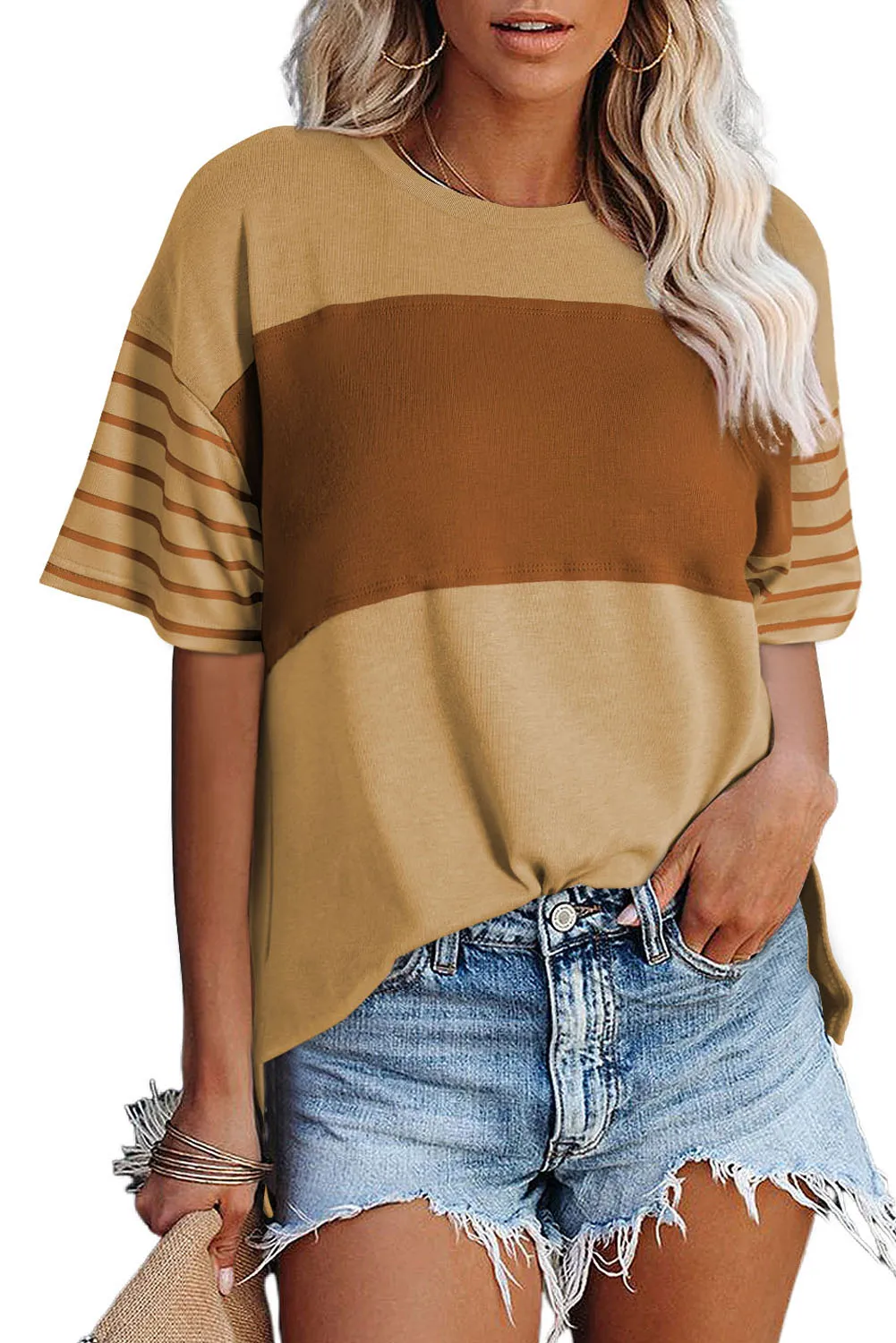 Womens Casual Short Sleeve Shirts Loose Crewneck Color Block Tshirts Tops