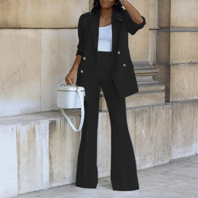 Women's Elegant Buttoned Blazer with Flared Trouser Two-piece Set | Ideal for All Seasons