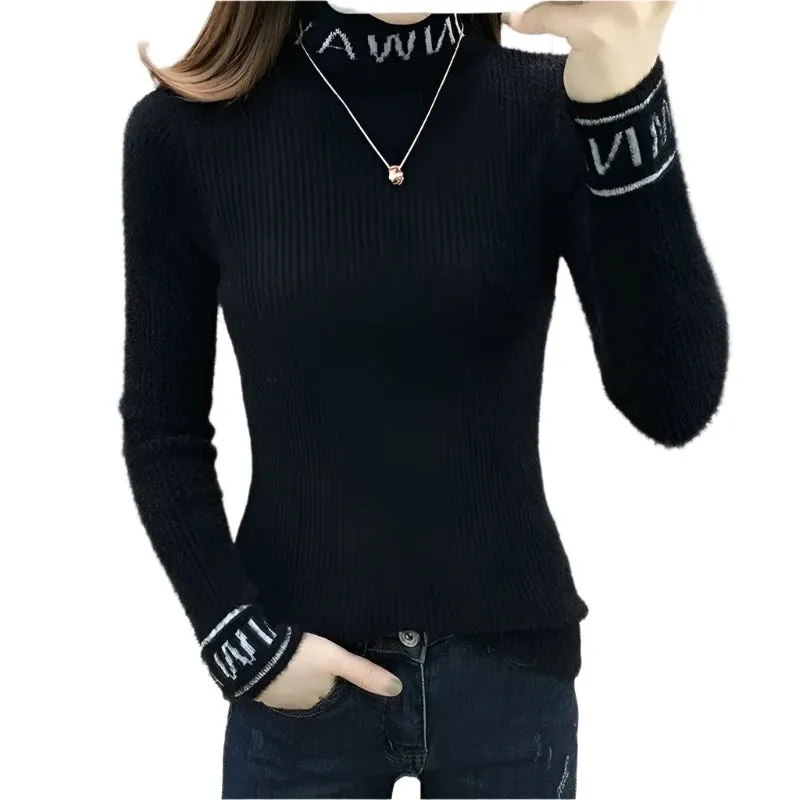 Women's Slim Turtleneck Knitted Sweater - Autumn Winter Solid Color Pullover with Letter Spliced Design, All-Match Fashion Top