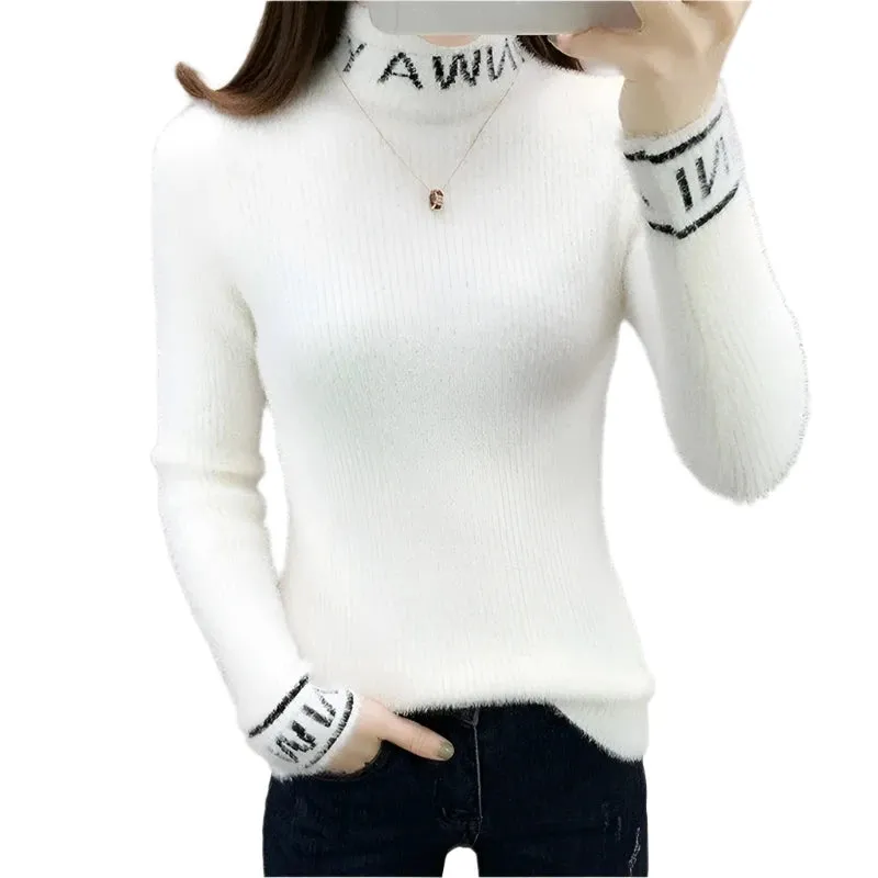 Women's Slim Turtleneck Knitted Sweater - Autumn Winter Solid Color Pullover with Letter Spliced Design, All-Match Fashion Top