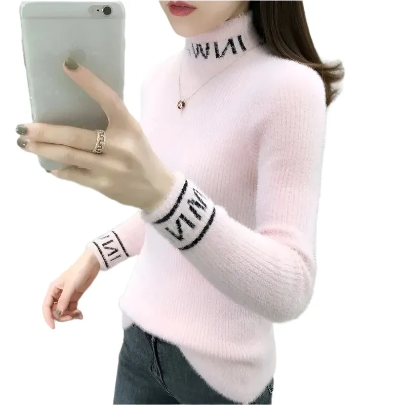 Women's Slim Turtleneck Knitted Sweater - Autumn Winter Solid Color Pullover with Letter Spliced Design, All-Match Fashion Top