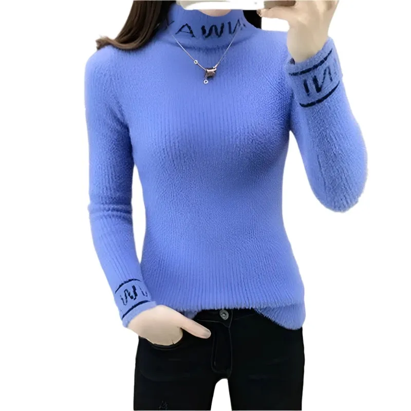 Women's Slim Turtleneck Knitted Sweater - Autumn Winter Solid Color Pullover with Letter Spliced Design, All-Match Fashion Top