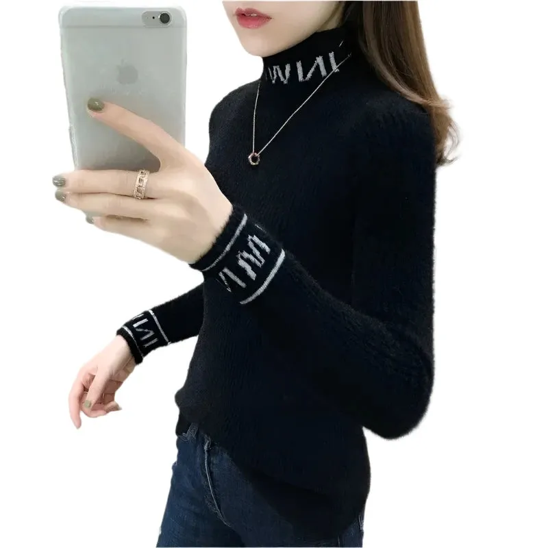 Women's Slim Turtleneck Knitted Sweater - Autumn Winter Solid Color Pullover with Letter Spliced Design, All-Match Fashion Top