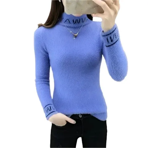 Women's Slim Turtleneck Knitted Sweater - Autumn Winter Solid Color Pullover with Letter Spliced Design, All-Match Fashion Top