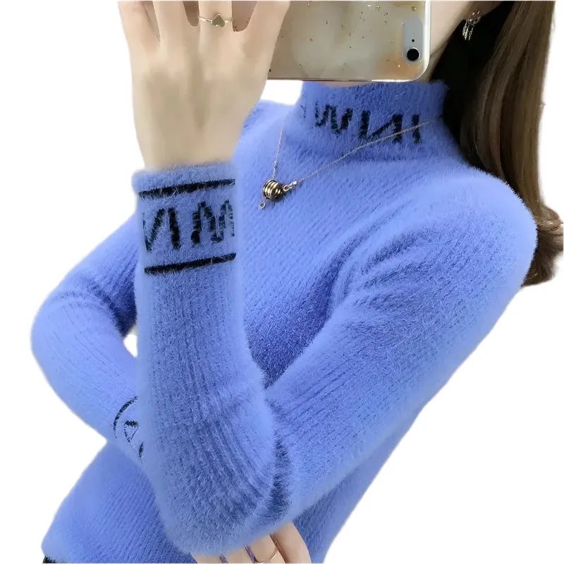 Women's Slim Turtleneck Knitted Sweater - Autumn Winter Solid Color Pullover with Letter Spliced Design, All-Match Fashion Top