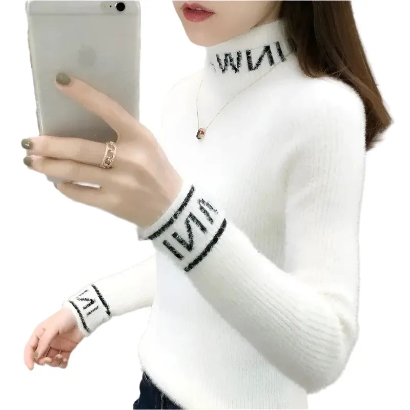 Women's Slim Turtleneck Knitted Sweater - Autumn Winter Solid Color Pullover with Letter Spliced Design, All-Match Fashion Top