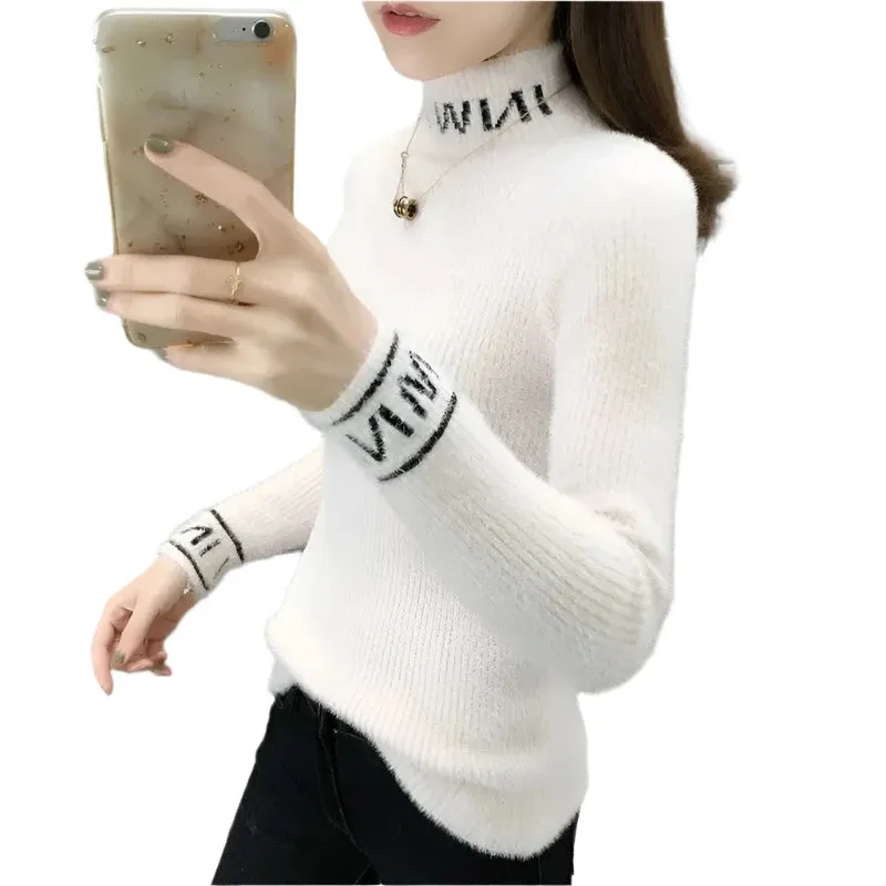 Women's Slim Turtleneck Knitted Sweater - Autumn Winter Solid Color Pullover with Letter Spliced Design, All-Match Fashion Top