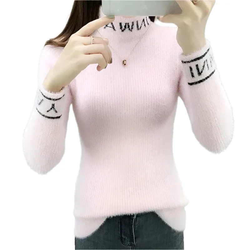 Women's Slim Turtleneck Knitted Sweater - Autumn Winter Solid Color Pullover with Letter Spliced Design, All-Match Fashion Top