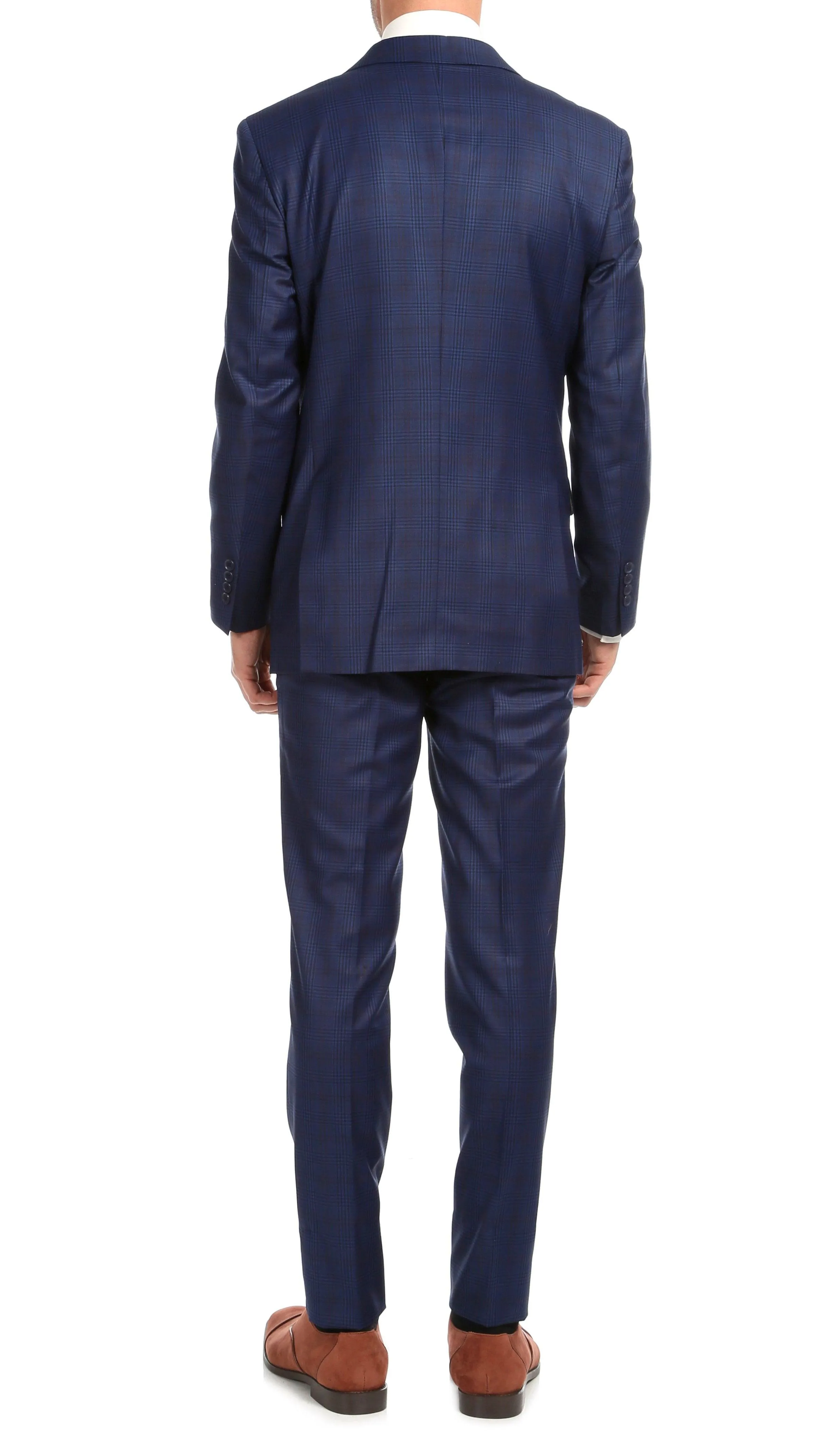 Yves Blue Plaid Check Men's Premium 2 Piece Wool Slim Fit Suit